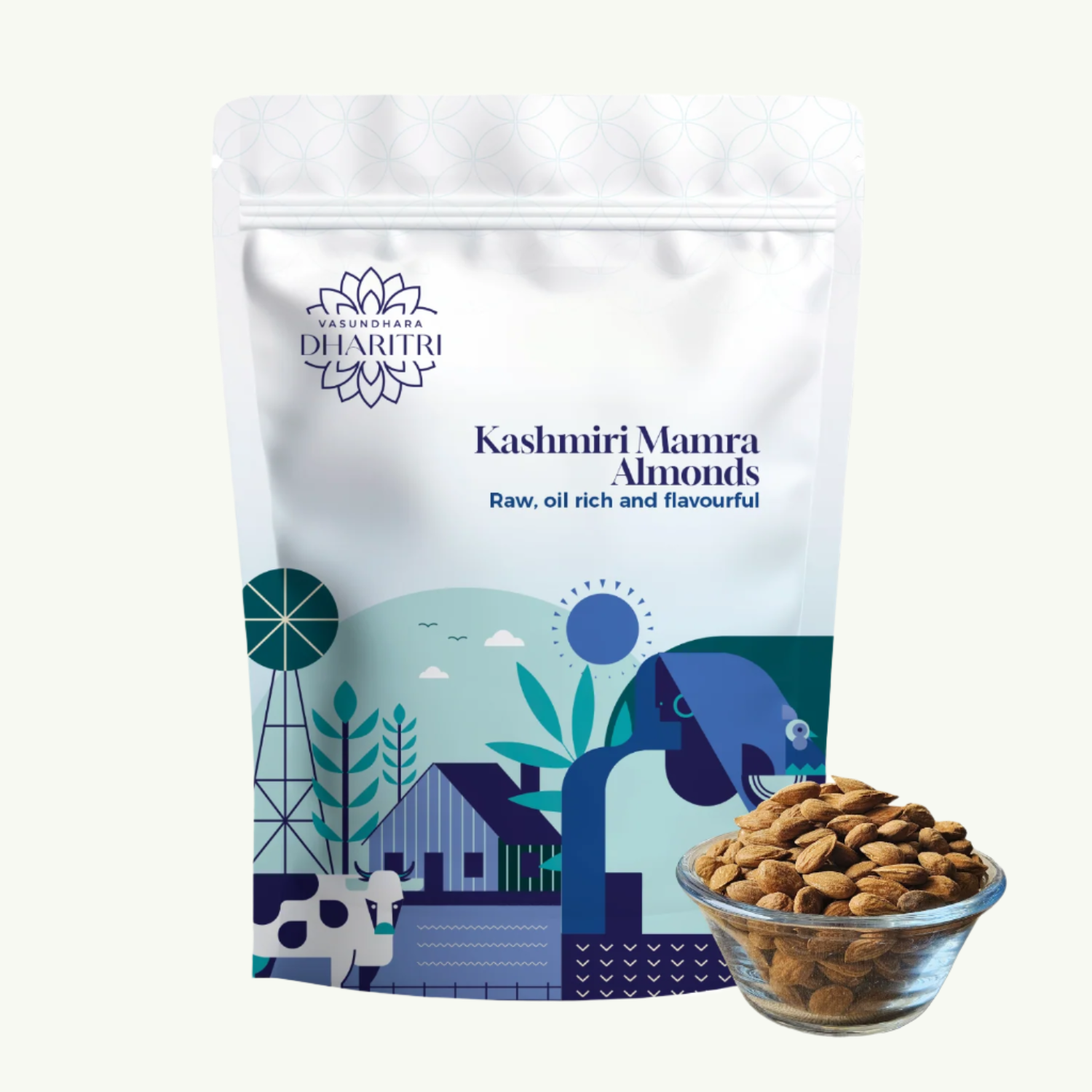 Dharitri Kashmiri Mamra Almonds packaging with a bowl of almonds on a white background