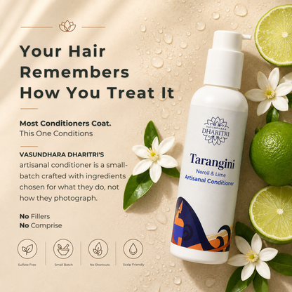 Tarangini Neroli & Lime Artisanal Conditioner bottle with lime and flower on beige background