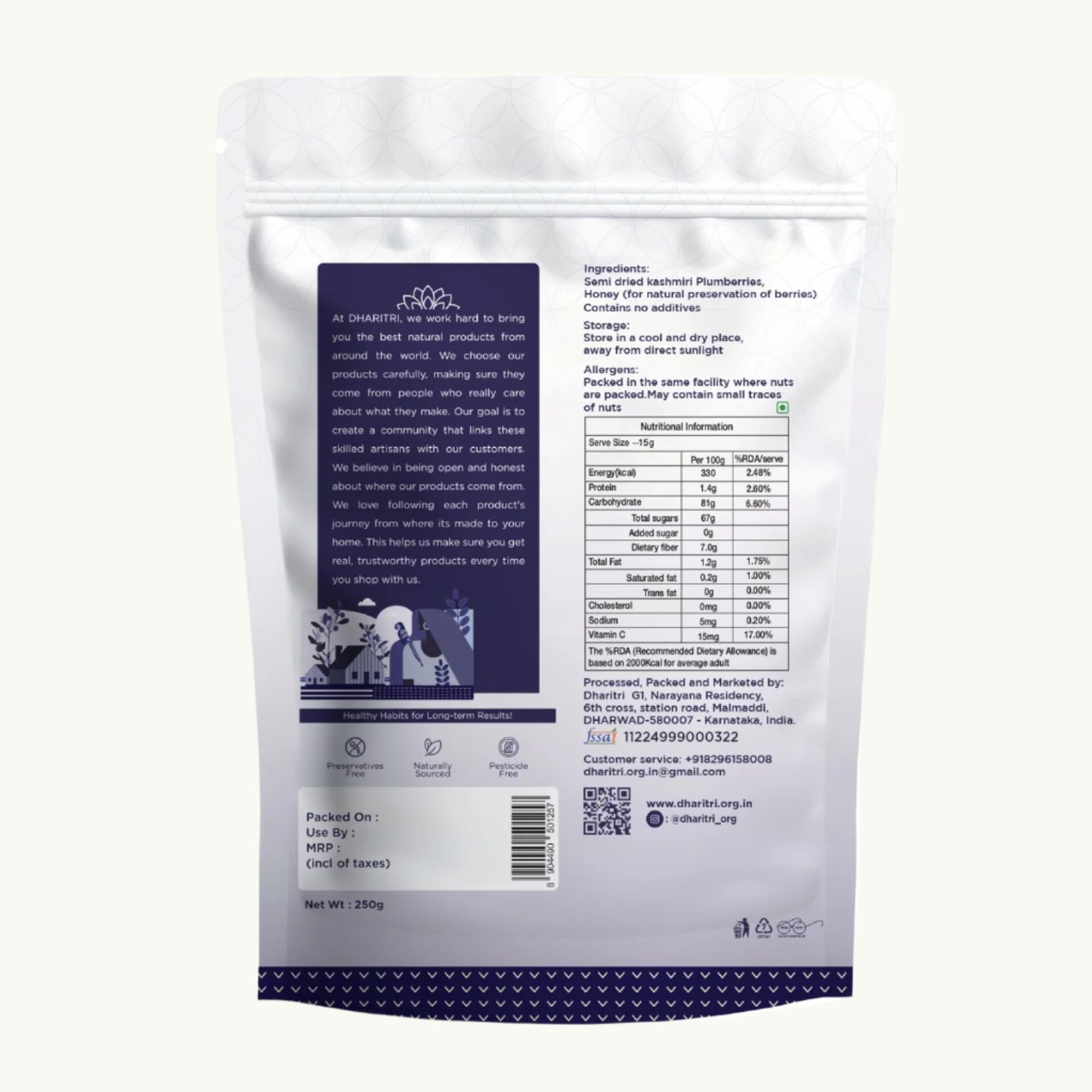Back view of a Dharmsa product packaging with nutritional information and branding details.