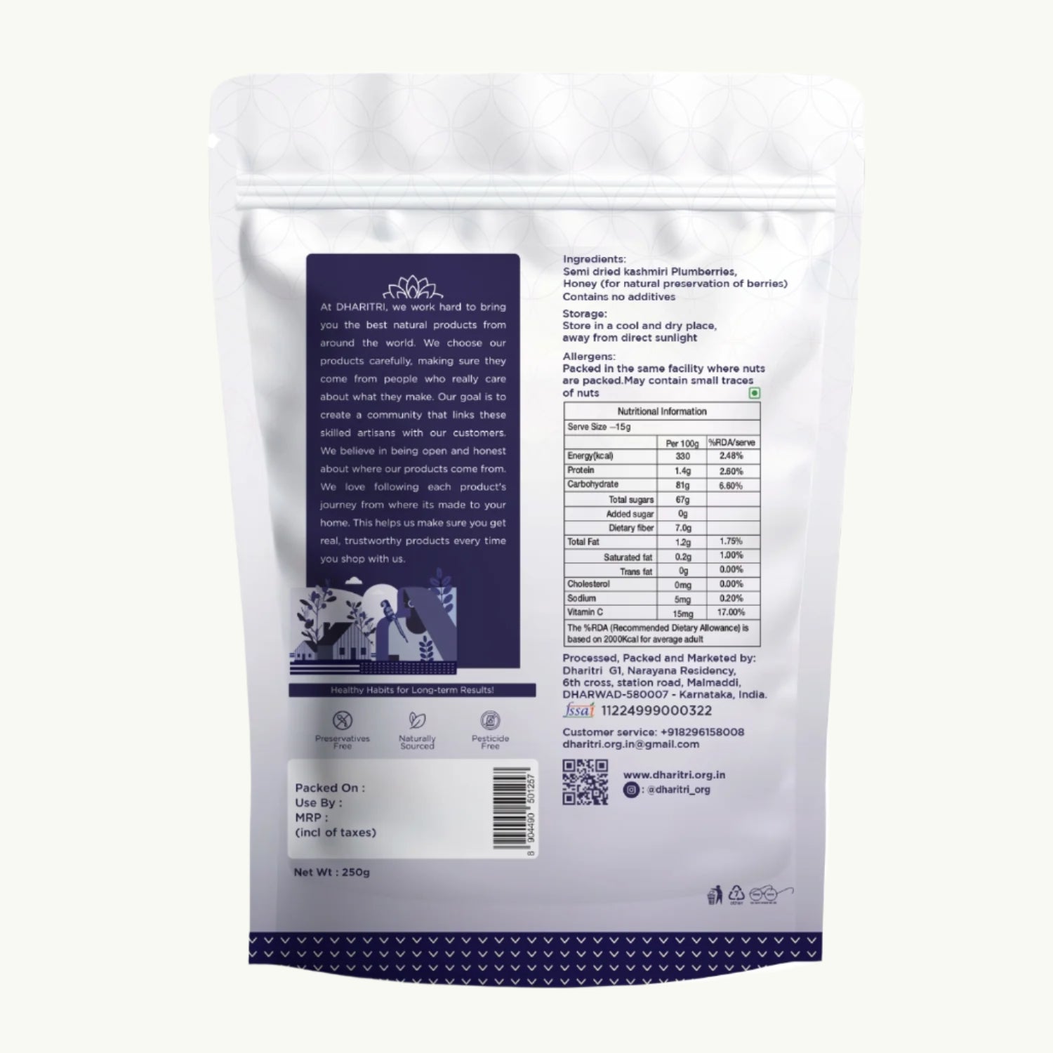 Back view of a Dharmsa product packaging with nutritional information and branding details.