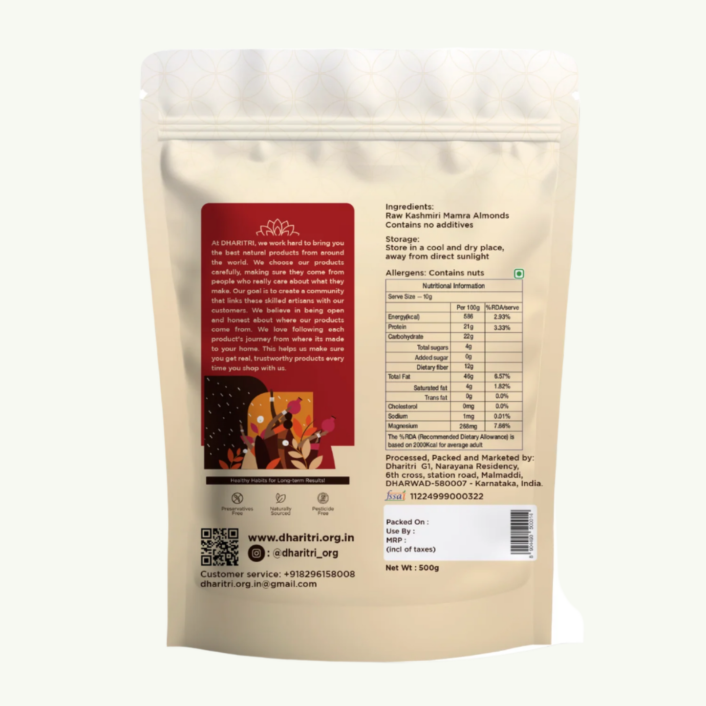 Back view of a Dharitri brand almond packaging with text and QR code on a white background