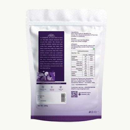 Back view of a purple package with text and nutritional information on a white background