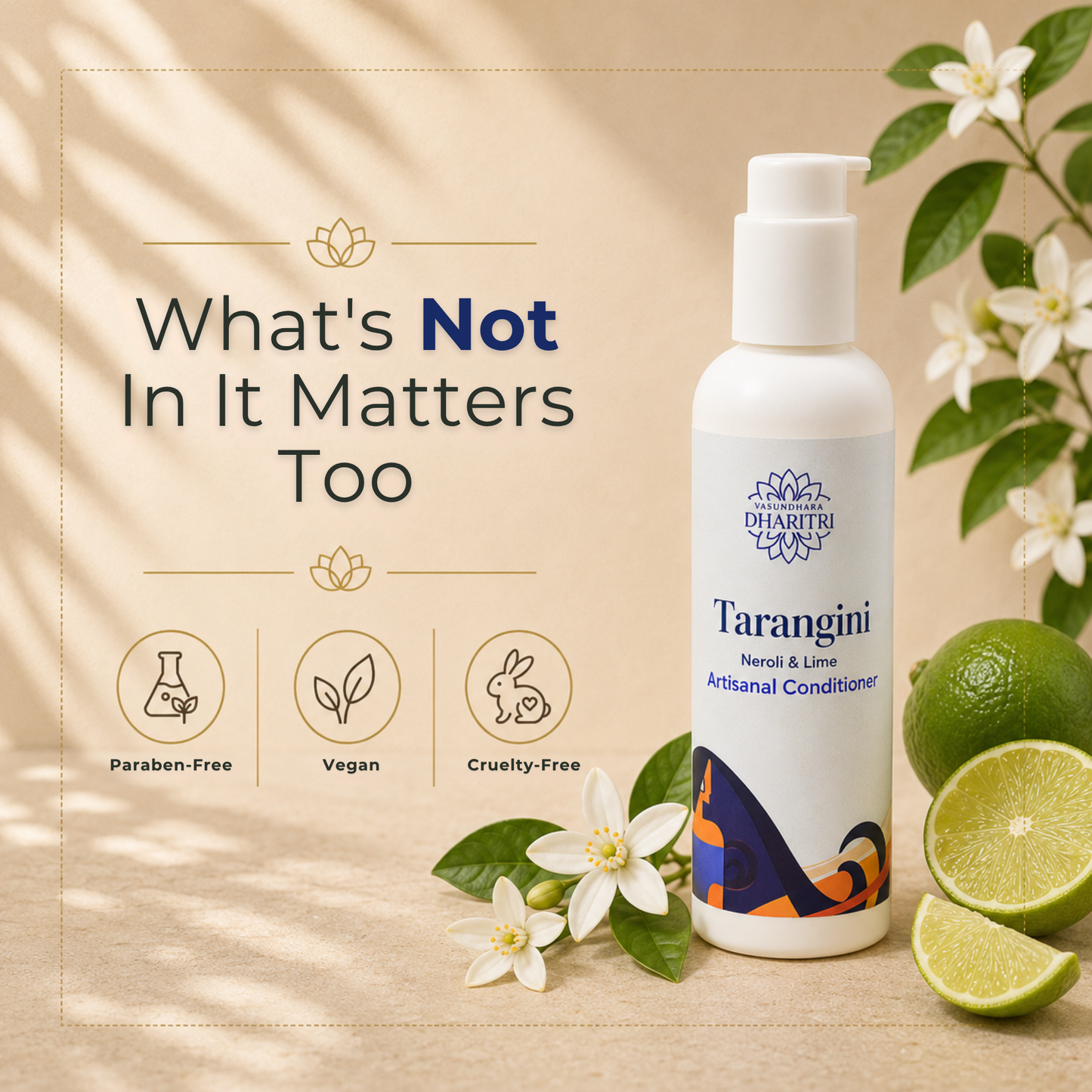Dharitri Tarangini conditioner bottle with lime and flowers on a beige background