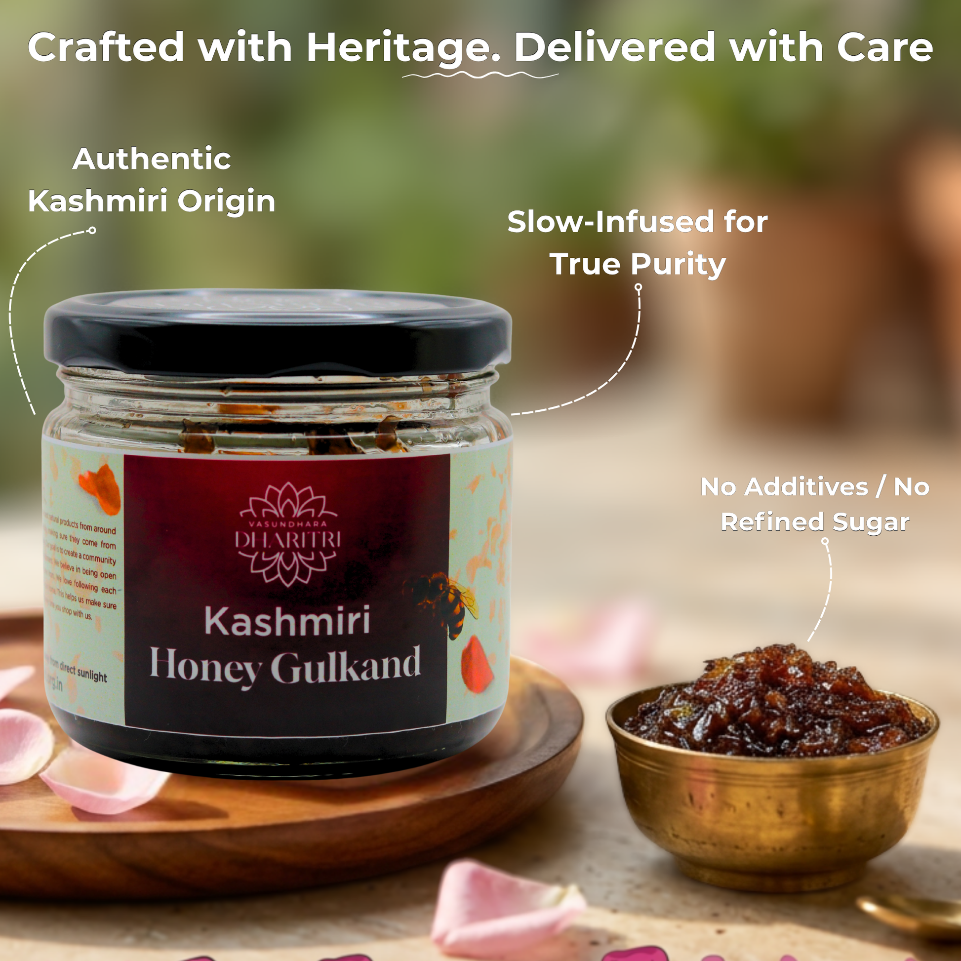 Jar of Kashmiri Honey Gulkand with text highlighting authenticity and purity on a natural background.
