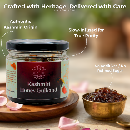Jar of Kashmiri Honey Gulkand with text highlighting authenticity and purity on a natural background.