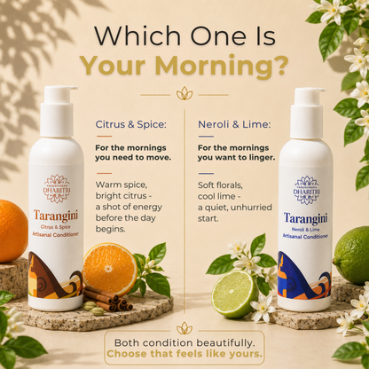 Two bottles of Dharitri Tarangini hair care products with citrus and spice, and neroli and lime scents, surrounded by fruits and flowers.