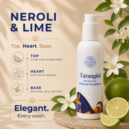 Tarangini Neroli & Lime conditioner bottle with floral and fruit elements on a beige background