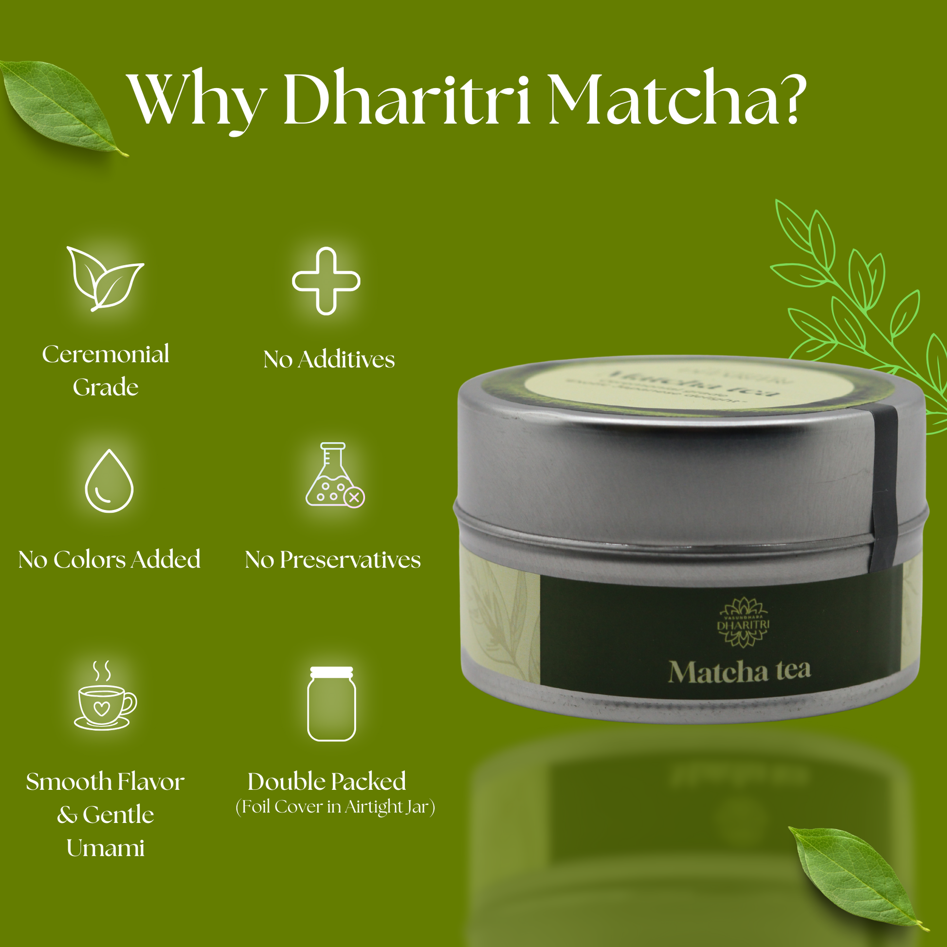 Dharitri Matcha tea container with green background and benefits listed.