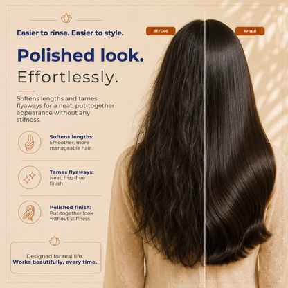 Before and after comparison of hair product on a person's head with text describing benefits.