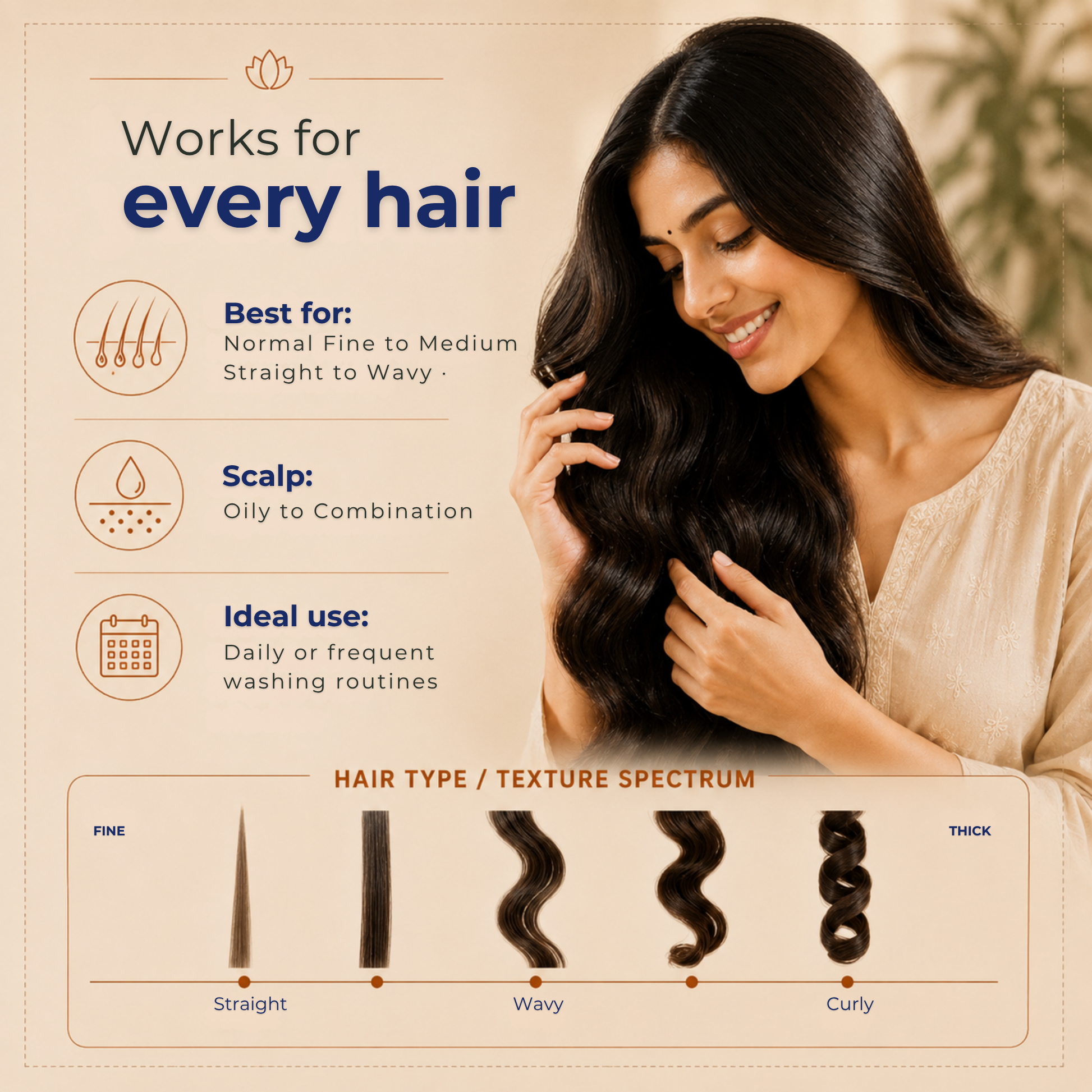 Woman with long, wavy hair touching her hair, with product information on a beige background.