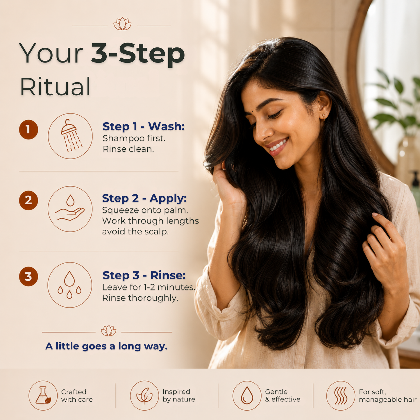 Woman with long hair in a bathroom setting, demonstrating a 3-step hair care ritual.
