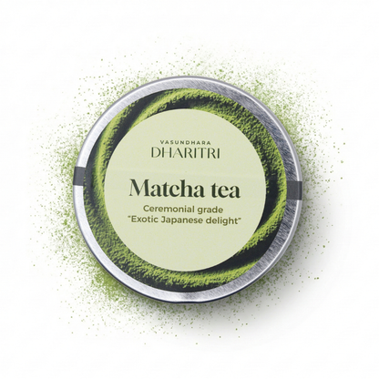 Top view of Dharitri Matcha Tea ceremonial grade Japanese green tea powder